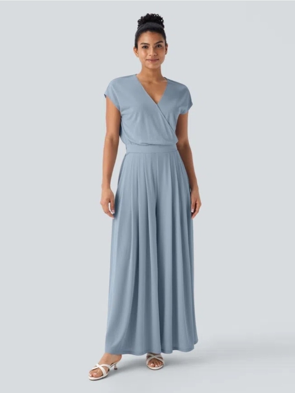 Halara XS Petite V Neck Short Sleeve Side Pocket Wide Leg Flowy Waffle Jumpsuit